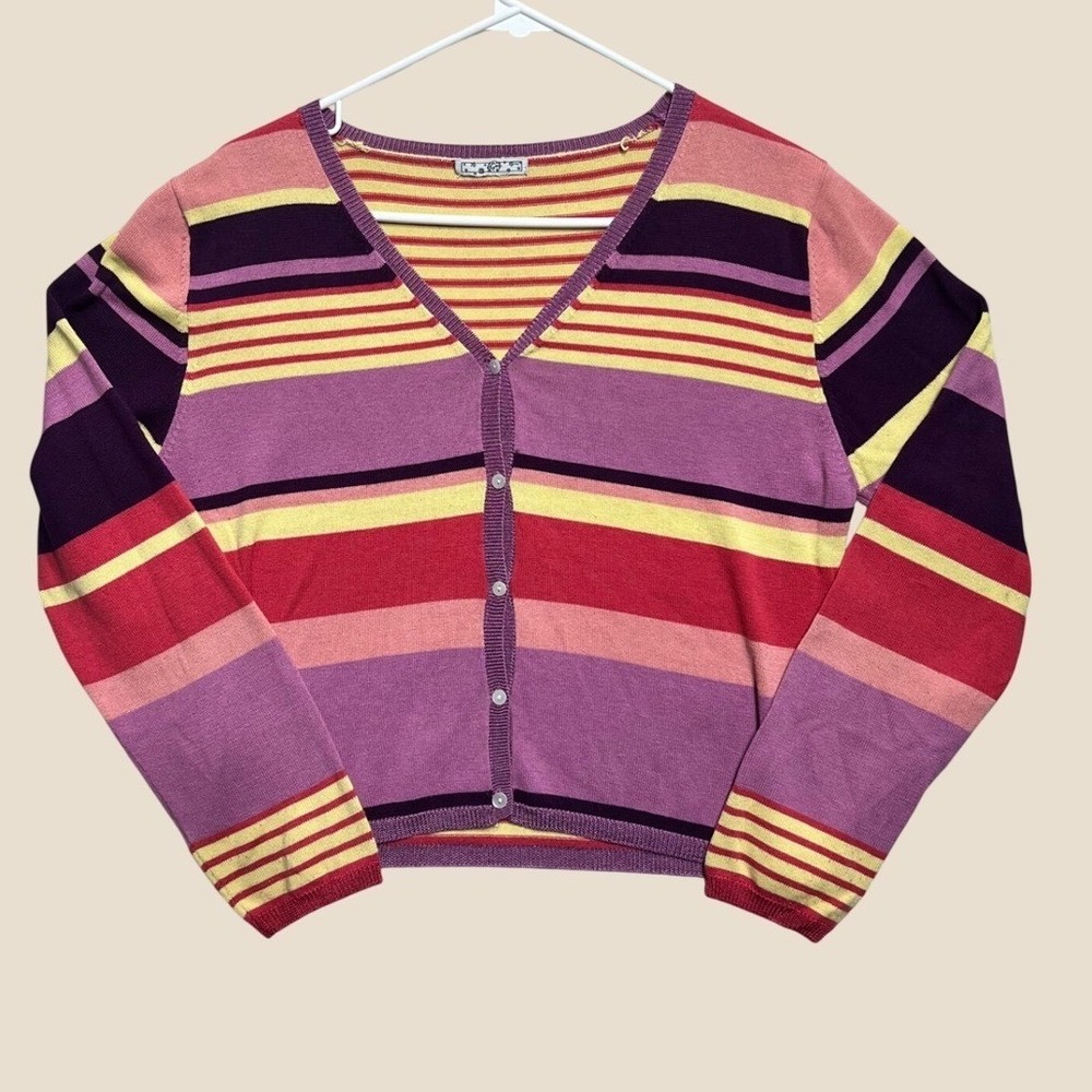 Vintage 90s Colorful Striped Cardigan Sweater V-Neck Purple Pink Yellow Red